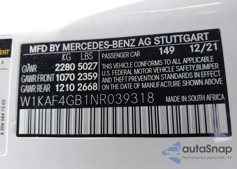 2022 Mercedes-Benz C 300 Sedan from USA, damaged, VIN W1KAF4GB1NR039318